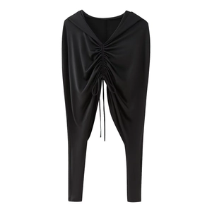 Women's black hooded pleated top with adjustable drawstring and long draped hemline
