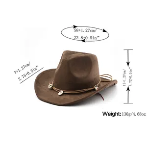 Size chart for brown faux suede cowboy hat with shell trim and braided strap detail
