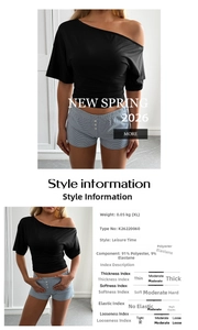 Detail view of Y2K black off-shoulder top and striped shorts with fabric composition chart