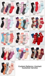 Detailed view of various Christmas wool socks with reindeer and snowflake patterns