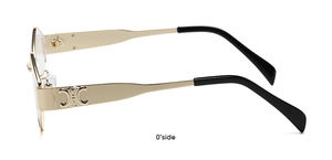 Detail view of gold metal temples with retro emblem and black tips on sunglasses