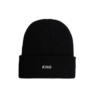 Classic black knitted beanie with white KING embroidery and a cuffed design for winter