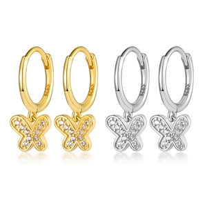 Boucles d'Oreilles Créoles Papillon en Argent Sterling 925 Pendentif Insecte Doux Avec Zirconia pour Femme Bijoux