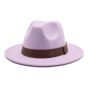 Detailed close-up of a lavender wool fedora hat with a premium dark brown leather band