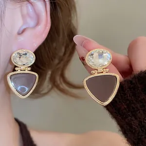 Triangle Drop Earrings Gold Plated Copper With Rhinestone And 925 Sterling Silver Earring Post Palace Style For Women