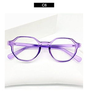 Close-up of purple translucent irregular polygon glasses frames on a white pedestal
