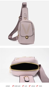 Detail of light purple rivet chest bag showing spacious interior and V-shape metal studs