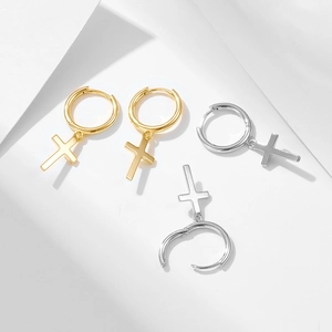 Boucles d'oreilles créoles croix en argent sterling S925 finitions or et argent poli
