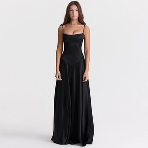 Elegant black satin spaghetti strap floor-length evening dress with slim fit design