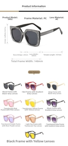 Size chart and dimensions for square oversized sunglasses with detailed frame measurements
