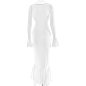 Detail view of white long sleeve maxi dress back with ruffled cuffs and hemline detail