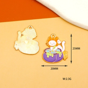 Detail showing dimensions and gold-plated back of Halloween cat witch cauldron pendant