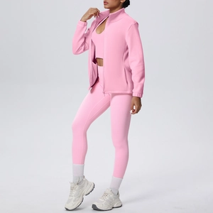 Set yoga rosa 3 pezzi con leggings a vita alta e giacca termica con cerniera