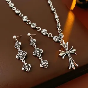 Vintage Cross Pendant Necklace And Flower Drop Earrings Alloy With Silver Earring Post For Women Gothic Style Jewelry