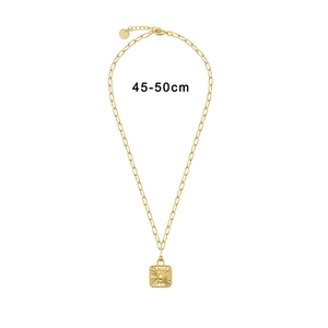 Macro detail of sunburst motif pendant on paperclip chain with 45-50cm length text