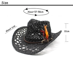 Size guide for hollow woven straw cowboy hat with 57-58cm circumference and 8cm brim