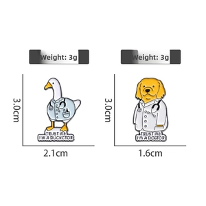 Detailed size view of enamel doctor duck and dog pins with funny medical quotes