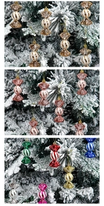 Close-up of candy-shaped Christmas ornaments with glitter detail on pine branches