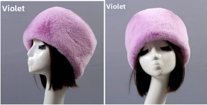 Detailed view of thick lavender faux rabbit fur winter hat for elderly women