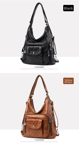 Detail of tan and black pebbled leather bags with functional zippers and pockets