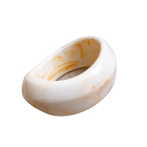 Minimalist white resin ring with amber marble pattern shown from a 45-degree angle