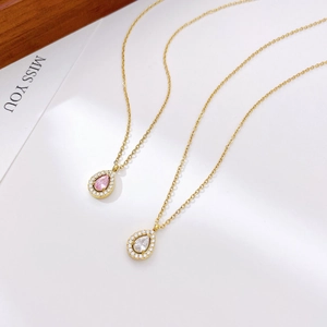 Elegant gold-plated waterdrop pendant necklaces with pink and clear zircon crystals