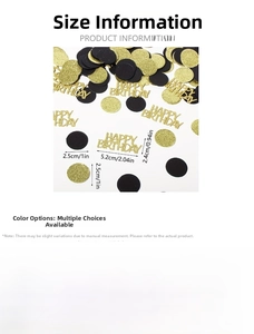 Size specifications for black and gold birthday party confetti including circles and letters