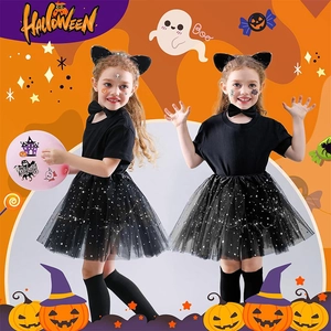Déguisement chat Halloween enfant avec serre-tête oreilles tutu étoilé et nœud