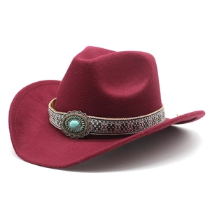 Classic burgundy western cowboy hat with wool felt texture and turquoise beaded band