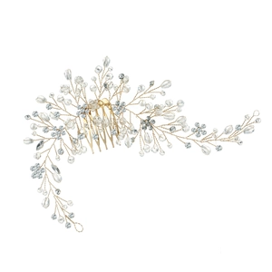 Detailed view of handmade crystal bridal hair comb with gold wire flowers and beads