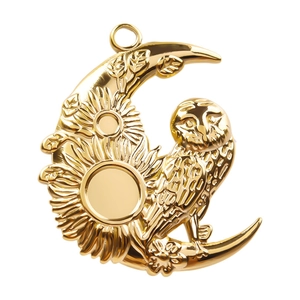 18k gold plated stainless steel crescent moon pendant with owl and sunflower relief