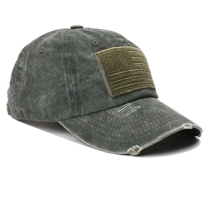 Distressed US flag baseball cap in washed charcoal grey cotton with embroidered patch