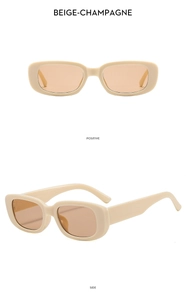Front and side view of rectangular retro sunglasses in beige-champagne with brown lenses