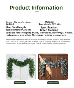 Detail view of 270cm green and flocked PVC Christmas garland for festive home decoration