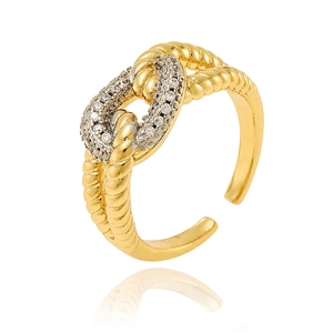 Golden twisted rope ring with sparkling zircon knot detail and adjustable open band