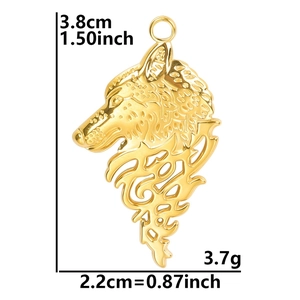 Detailed view of gold wolf head pendant with precise height, width and weight specs