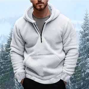 Weißer Herren-Fleece-Hoodie mit halbem Reißverschluss und Kängurutasche für den Winter