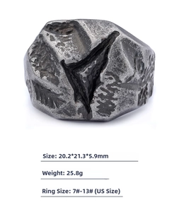 Macro detail of vintage stainless steel ring showing stone texture and dimensions
