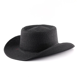 Black woven straw jazz hat with flat top and subtle red stitching detail on the brim