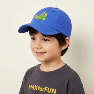 Kids quick-dry blue baseball cap featuring a cute green dinosaur patch and sun protection