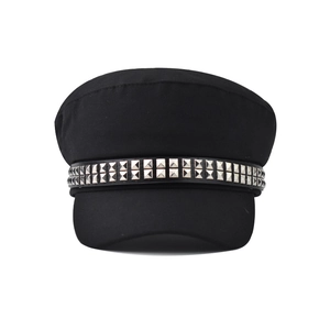 Black cotton newsboy cap featuring punk style double-row silver square metal rivets