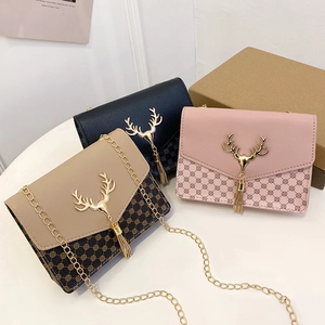 Fashionable crossbody bags with deer metal accent, chain strap, in black, pink and khaki colors