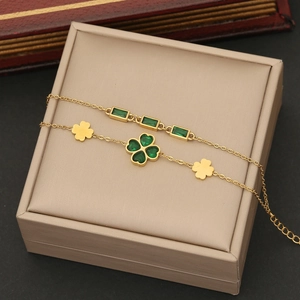 Gold double-layer stainless steel necklace with emerald green heart clover and zircons
