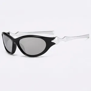 Y2K sporty windproof sunglasses with futuristic black frames and silver metal arms