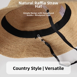 Detail of natural raffia sun hat showing inner sweatband and detachable black wind rope