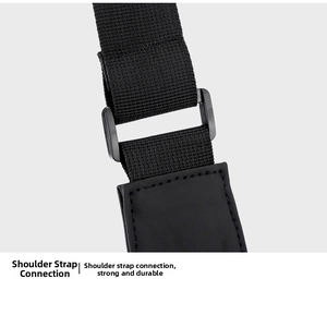 Detail of durable shoulder strap connection with matte buckle and reinforced stitching