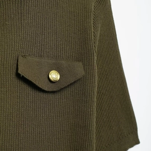 Olive green rib-knit short sleeve dress with decorative pocket and gold crest button