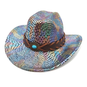 Rainbow snakeskin cowboy hat with turquoise western band on a clean white background
