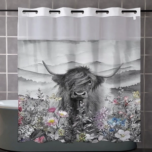 Detail showing waffle fabric shower curtain with highland cow and colorful floral print
