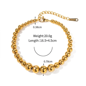 Gold stainless steel beaded chain bracelet with adjustable lobster clasp and sizing details